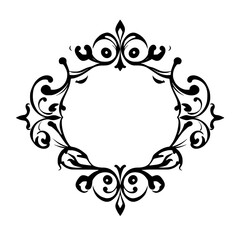 Black and White Detailed Ornamental Frame Illustration: A symmetrical, symmetrical, oval-shaped, ornamental, frame design with intricate curves, curls, and floral elements.