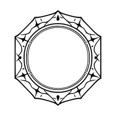 Octagonal decorative frame illustration, with a circular center, detailed floral design in a black and white palette.