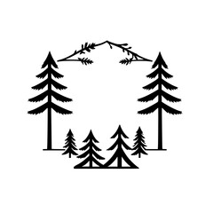 Forest Scene: Silhouette of pine trees, branch-shaped mountain range, and greenery, all in a monochrome design.