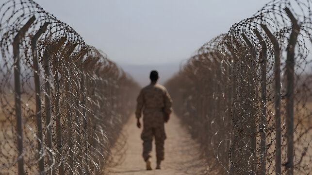 A lone figure in military fatigues walks a desolate path lined with razor wire, symbolizing confinement and challenges on a remote desert setting.