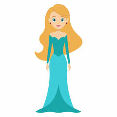 cartoon  woman  with long hair. Beautiful doll in a green dress. Isolated on white background. Front view. Vector illustration. 