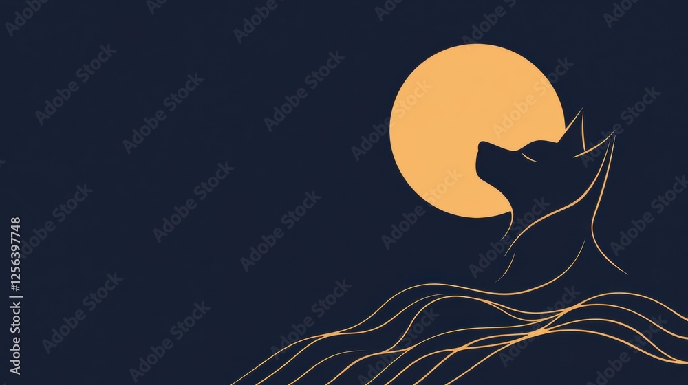 Poster minimalist wolf silhouette against a full moon, creating a serene atmosphere for reflection and insp