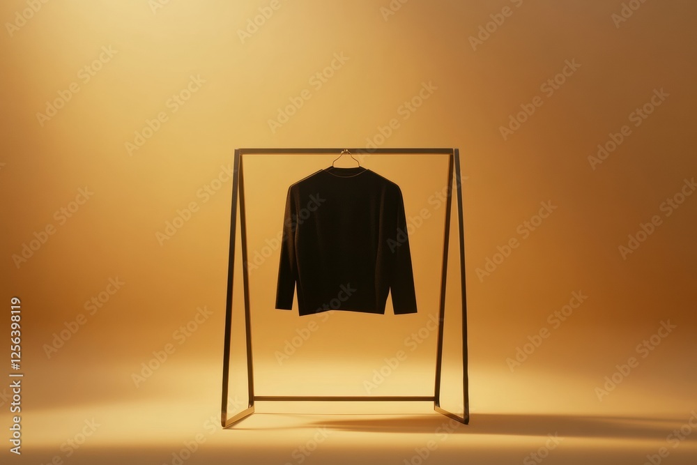 Poster minimalist clothing rack showcasing neatly arranged garments in a warm, softly illuminated space. ge