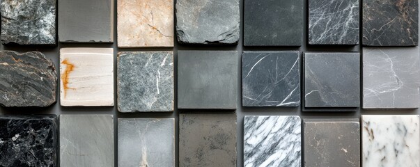 Array of diverse stone tiles in various textures and colors