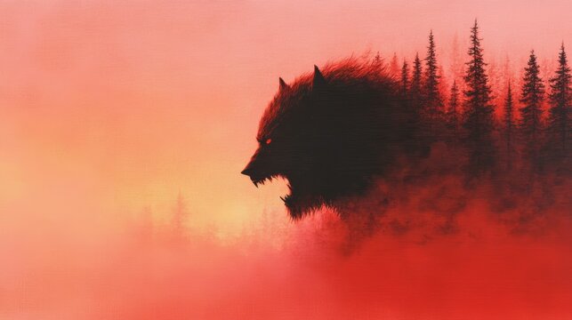 A snarling wolf emerges from a fiery red forest at sunset.  A dark, mysterious and powerful image.