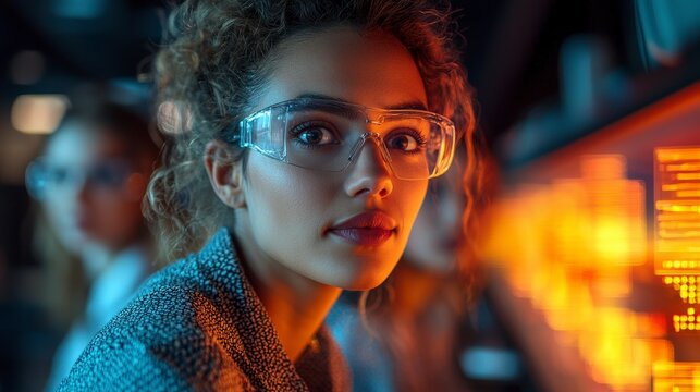 A determined woman wearing glasses analyzes data on a screen in a lab, showcasing the intersection of technology and scientific research in a modern workspace.