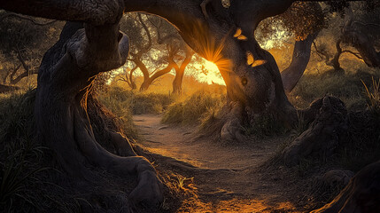 Enchanted forest with mystical golden sunlight shining through twisted ancient trees creating a magical pathway symbolizing nature&rsquo;s mystery, adventure, fantasy, fairytale landscape, and inspiration
