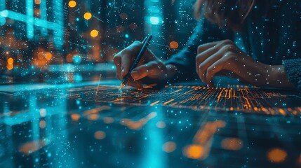 A close-up of hands working on data visualization, portraying the blend of technology and creativity in developing insightful analytical concepts for modern problem-solving.