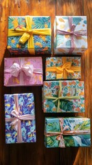 Colorful wrapped gifts arranged on wooden surface in bright sunlight