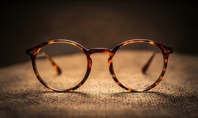 Close-up shot of round tortoiseshell eyeglasses on a textured fabric surface
