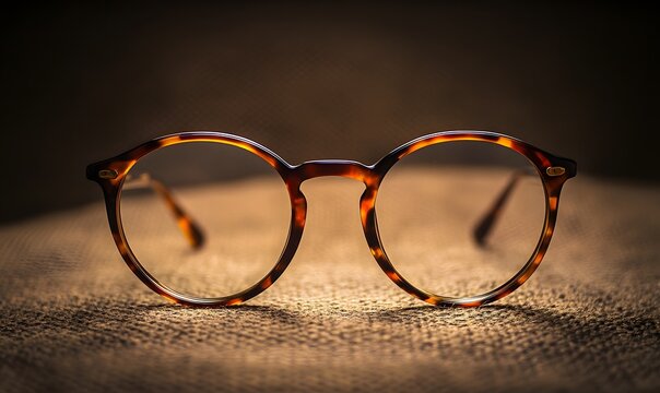 Close-up shot of round tortoiseshell eyeglasses on a textured fabric surface