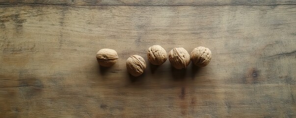 Five walnuts arranged on rustic wooden surface