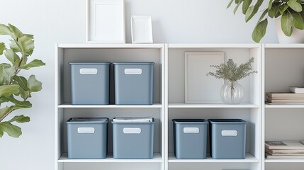 Minimalist Home Storage with Light Blue Boxes and Decor