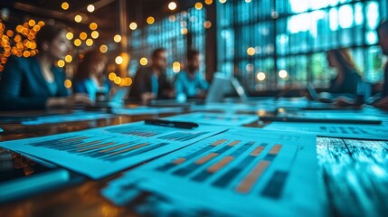 A blurred view of a team focused on data-driven discussions around a wooden table, layered with documents and analytics, emphasizes the importance of teamwork in decision making.