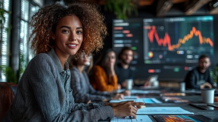 A smiling business team gathers around a screen displaying engaging data visualizations, showcasing a collaborative environment focused on strategy and analysis for success.