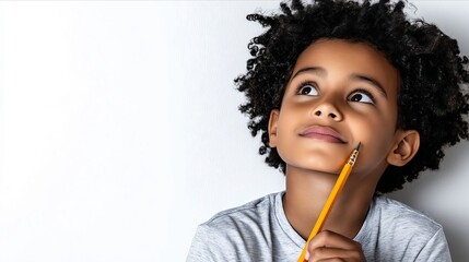 A young boy holding a pencil in his hand and looking up at the sky