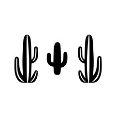 Three black and white cactus illustrations of varying sizes against a white background.