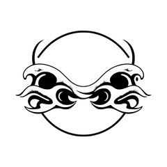 Abstract design of a symmetry, featuring a stylised abstract face within a circle.