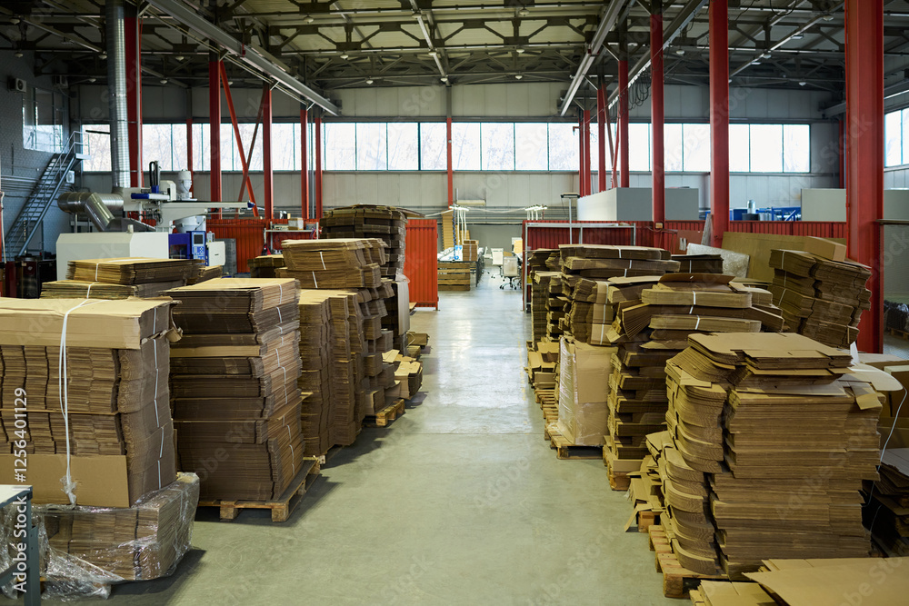 Poster long aisle between two rows of stacked cardboard sheets on wooden pallets standing in modern factory