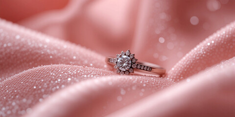 Obraz premium luxury finished exclusive jewellery, a gold wedding ring with gem embedded, on a soft silky pink cloth background 