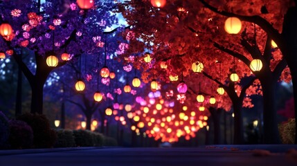 Magical night scene with illuminated trees. Warm and cool lights create a dreamy atmosphere.