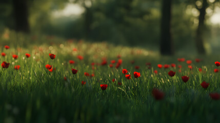 Fototapeta premium Field of vibrant red flowers amidst lush green grass, evoking a sense of natural beauty and serenity in a peaceful outdoor setting.