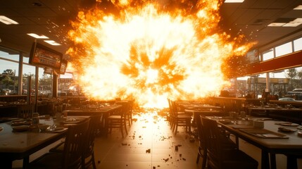 Obraz premium Massive explosion in a restaurant. Intense fire and debris fill the space.