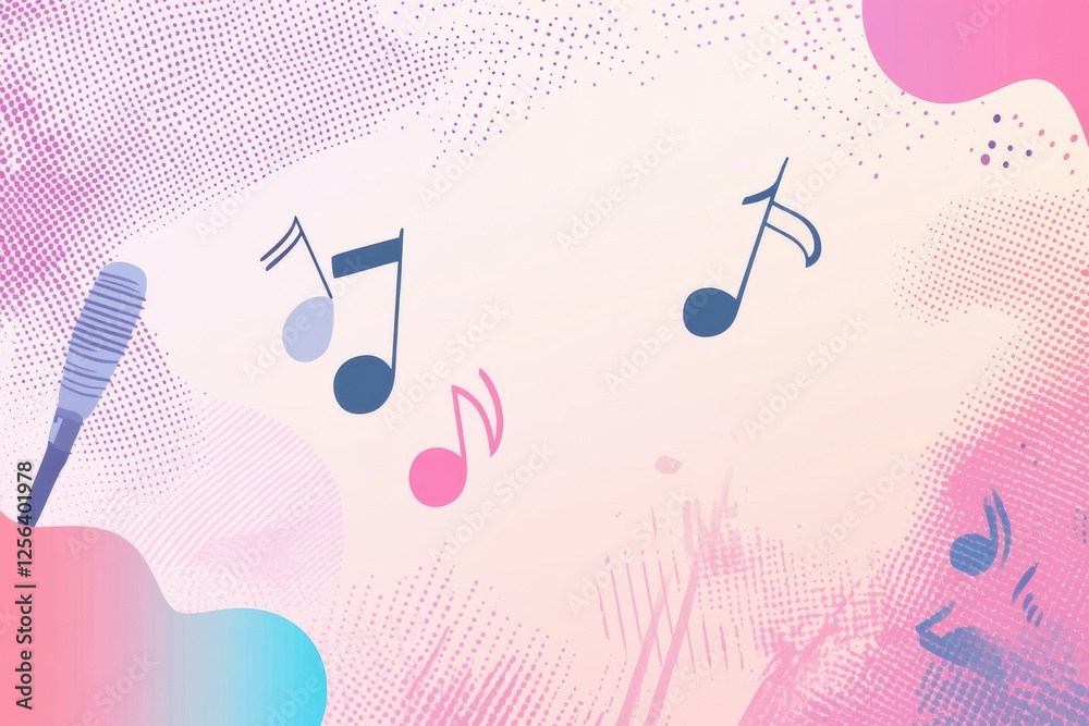 Poster minimalist k pop inspired background featuring music notes and microphones in vibrant colors. genera