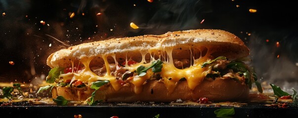 Melting cheese sandwich with vegetables and spices on rustic bread