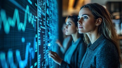 Two women examine digital data displays, emphasizing the importance of analytical skills in today’s business environment and enhancing data-driven decision-making.