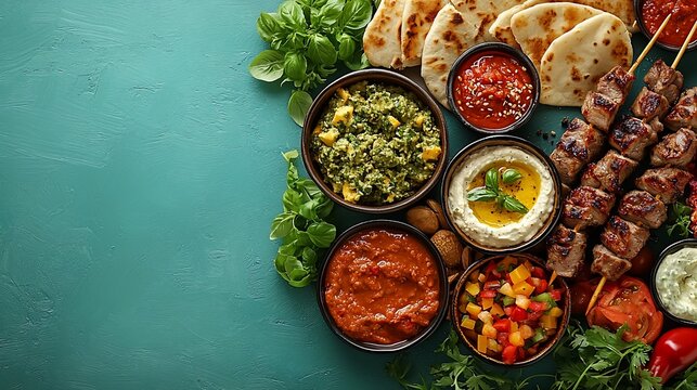 A vibrant spread of Middle Eastern cuisine featuring grilled skewers, dips, and fresh herbs