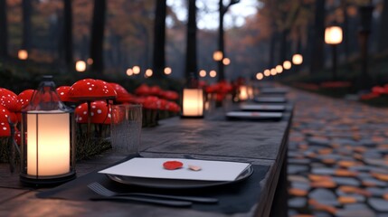 Enchanted forest dinner party.  A long table set for a magical evening, glowing lanterns and whimsical mushroom decor.