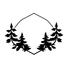 Fototapeta premium Pine Tree Silhouette Within a Framed Emblem of Pine Trees with Abstract Design.