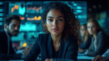 A confident woman with curly hair faces the camera in a meeting, showcasing the significance of analytical skills and teamwork within a modern business setting.