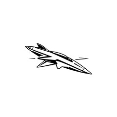 Sleek jet airplane illustration on a white background. Simplified, stylized image of a jet in black outline against white.