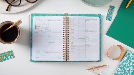 Minimalist Weekly Planner Open on White Wooden Desk