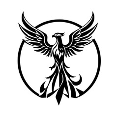 Black ink silhouette of a phoenix with wings outstretched, encircled within a circle.