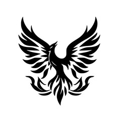 Obraz premium Rising Phoenix: Black and White Minimalist Logo. A powerful stylized image of a phoenix, its wings outstretched and in motion, against white.