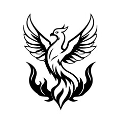 Phoenix Rising from Flames: A Black and White Emblem, depicted against white background, a stylized silhouette, symbolic.