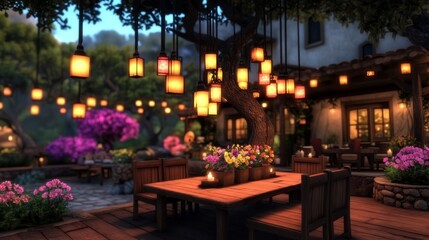 Obraz premium Romantic outdoor dinner setting with hanging lanterns illuminating a wooden table and vibrant flowers.