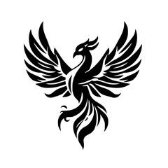 Obraz premium Black Phoenix Silhouette on White Background: Majestic Bird with Wings Outspread in an Elegant, Stylized Composition.