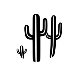 Fototapeta premium Black-and-white minimalist illustration featuring three cactus plants against a stark white background, the cactus family, and the mood is one of simplicity.
