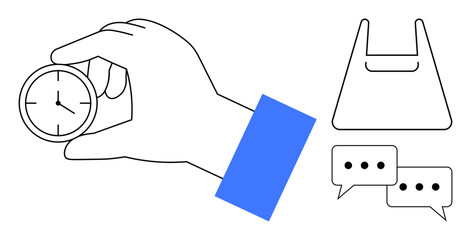 Hand holding a clock, plastic shopping bag, and two chat bubbles with ellipses. Ideal for business planning, time management, efficiency, communication, retail multitasking organization. Simple