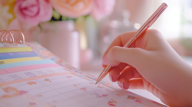 Woman Writing in Colorful Planner with Rose Gold Pen