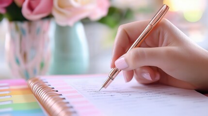 Woman Writing in Colorful Planner with Rose Gold Pen