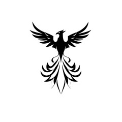 A black silhouette of a phoenix, its wings outstretched against a white backdrop.