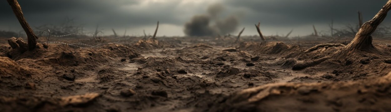 World war i battlefield with trenches in muddy terrain