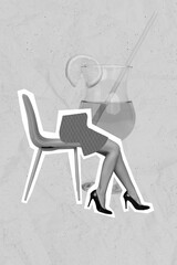 Vertical collage image of black white colors girl legs big alcohol drink glass instead body...