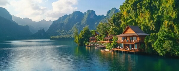 Naklejka premium Tranquil lake with wooden cabins and lush mountains in tropical paradise setting
