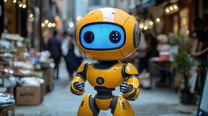 Cute Yellow Robot Exploring Busy Outdoor Street Market Scene